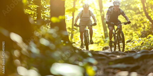 Two men riding bicycles in woodland path on sunny summer day. Athletes on their bikes in summer forest. © MNStudio