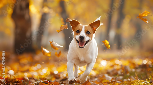 jack russell terrier playing in autumn park