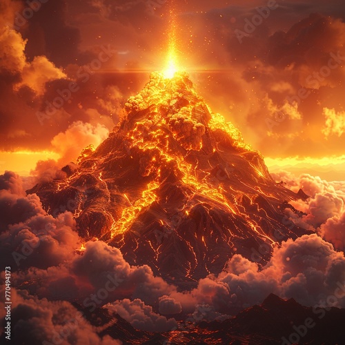 Volcano, molten rock, cascading lava flow, violent eruption, ash clouds billowing into the sky Realistic 3D render Backlights, Lens Flare
