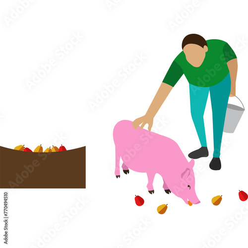 Famer feeding pig vector icon isolated on white