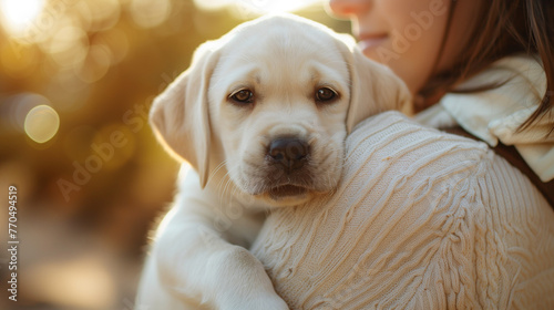 Golden Retriever puppy is carried in the arm and looks over the shoulder