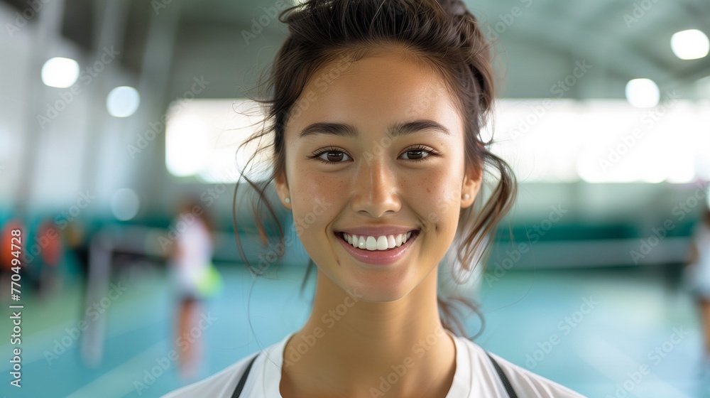Portrait of a young smiling Asian woman athlete in the gym. Sportswoman in the gym. Portrait of a young smiling Asian woman athlete in the gym. Sportswoman in the gym.