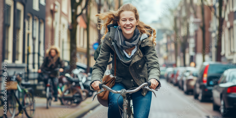 Obraz premium Young cheerful woman having fun riding a bicycle in Amsterdam city on spring day.