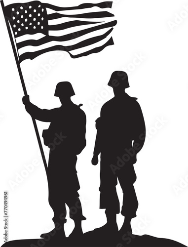 Black and white silhouette of Veteran hold American flag, depicting patriotism, unity, and national pride in a simple yet powerful manner © Aleksandar