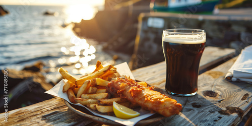 Delicious fish and chips on wooden table of outdoor cafe in Ireland. Crispy beer battered fish, fresh hot French fries and a glass of dark stout beer. Traditional Irish food. photo