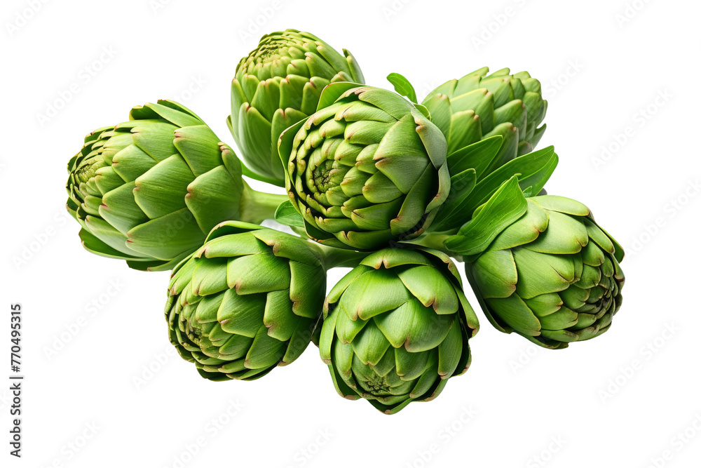 Obraz premium Green Artichokes Bunched Together on White Background. On a White or Clear Surface PNG Transparent Background.