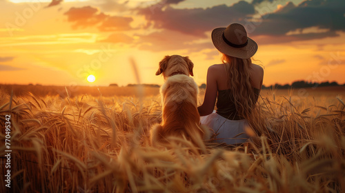 Dog and owner watch the sunset in a field
