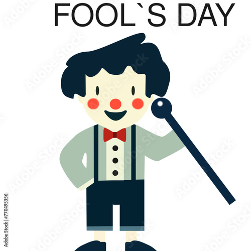 Vector image. Clown in honor of fool's day, holding a pole in his hand, wearing a hat and a cylinder.
