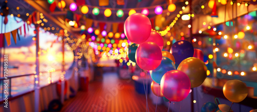 Ship with balloons and lights. Bright banner. Holiday concept.