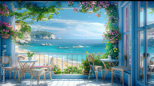 Beautiful summer cafe with blue walls. AI generative