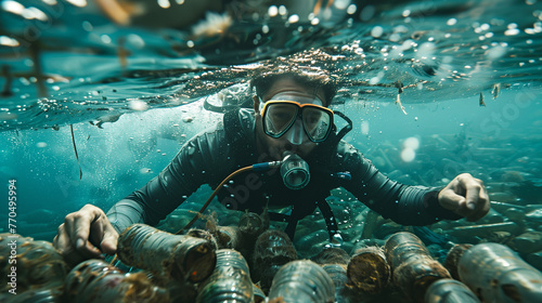 Diver swims in the sea through plastic
