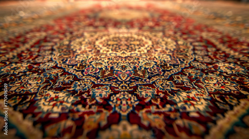 Macro shot of the dense weaving and vibrant patterns of a Persian carpet's surface