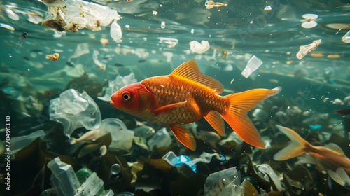 Fish swims through plastic
