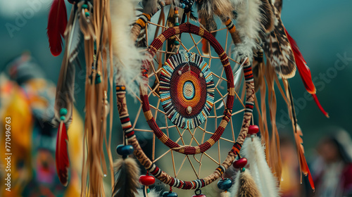 Close-up image of a Native American dream catcher with intricate beadwork and feathers