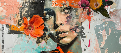 An artistic creation combining a female portrait with abstract floral elements and textured paint strokes