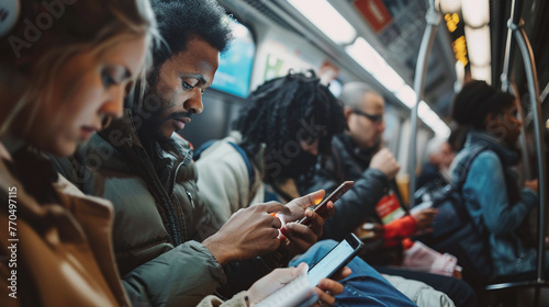 Crowded train, diverse group of commuters, some reading, others on phones - close-up shots, dynamic lighting, urban vibe. © arhendrix