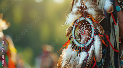 An elaborate dream catcher adorned with feathers and beads representing Native American culture