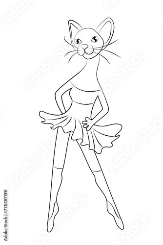 Bald cat Sphinx dancer in fluffy skirt and dance shoes. Vector stylized drawing with one black line on white background. Coloring book for children, silhouette of ballerina anthropomorphic animal