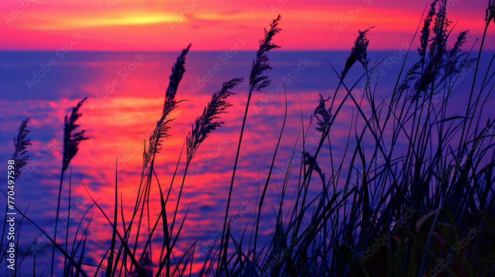 Silhouettes of reeds against a colorful sunset sky