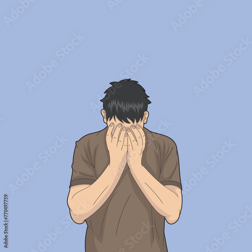 An individual stands covering their face with hands, possibly indicating despair or the desire to hide from difficult emotions or situations.
