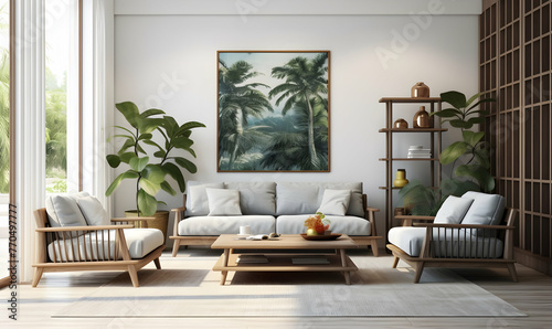 Interior of modern living room with tropical view  3d render