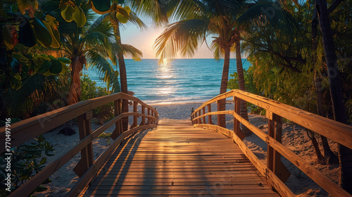 Wooden boardwalk leading to the beach at sunset © cac_tus