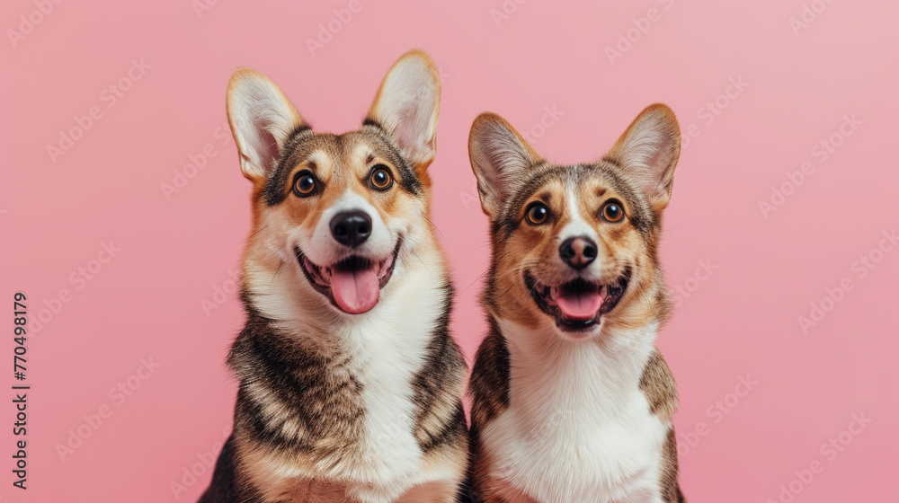 Two happy corgi dogs against a pink background
