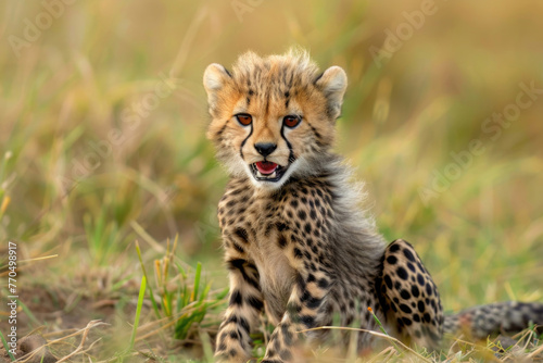 A hilarious close-up of a playful cheetah cub with a mischievous grin