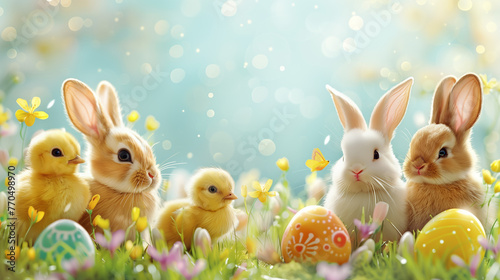 Easter background with easter bunnies and chickens on green grass