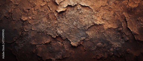 Overhead shot of terracotta-colored cracked soil creating a dramatic, textured pattern.