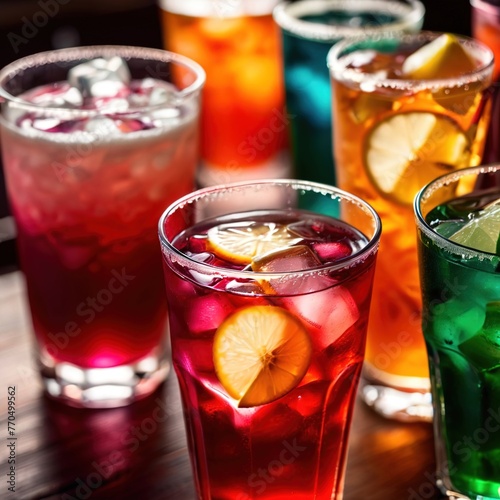 Row of assorted colorful cold drinks, summer party refreshment at bar