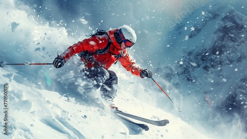 Skier skiing downhill in high mountains during sunny day. Extreme sport.