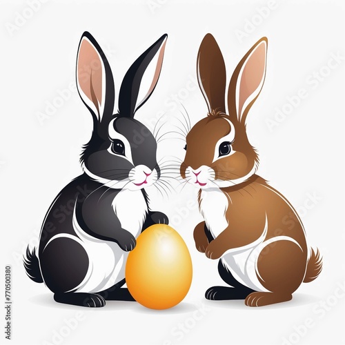 Vector cute two little bunnies with easter egg