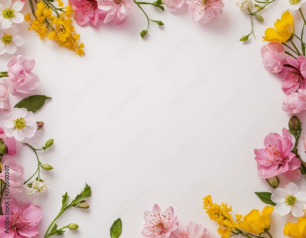 frame of spring flowers on a white background, mix of colorful flowers. Spring composition, Greeting card design for holiday, Mother's day, Easter, Valentine day. copy space. Flat lay, top view frame of spring flowers on a white background, mix of colorful flowers. Spring composition, Greeting card design for holiday, Mother's day, Easter, Valentine day. copy space. Flat lay, top view
