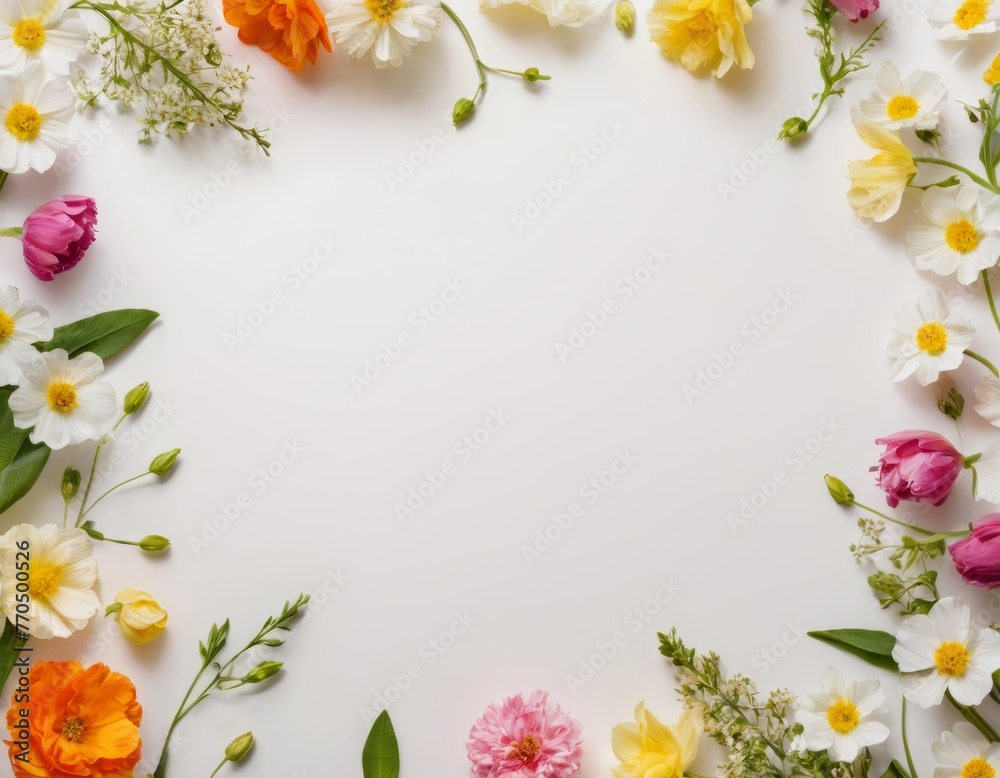 frame of spring flowers on a white background, mix of colorful flowers. Spring composition, Greeting card design for holiday, Mother's day, Easter, Valentine day. copy space. Flat lay, top view frame of spring flowers on a white background, mix of colorful flowers. Spring composition, Greeting card design for holiday, Mother's day, Easter, Valentine day. copy space. Flat lay, top view