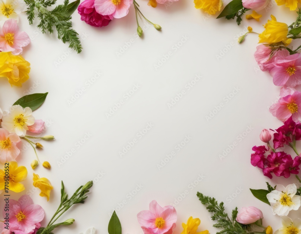 frame of spring flowers on a white background, mix of colorful flowers. Spring composition, Greeting card design for holiday, Mother's day, Easter, Valentine day. copy space. Flat lay, top view