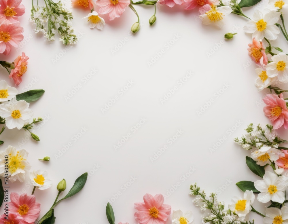 frame of spring flowers on a white background, mix of colorful flowers. Spring composition, Greeting card design for holiday, Mother's day, Easter, Valentine day. copy space. Flat lay, top view