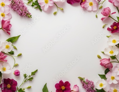 frame of spring flowers on a white background, mix of colorful flowers. Spring composition, Greeting card design for holiday, Mother's day, Easter, Valentine day. copy space. Flat lay, top view