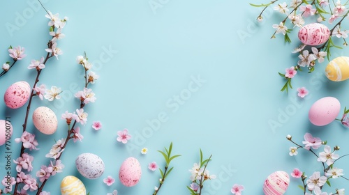 Decorative Easter eggs with spring blossoms framing a vibrant turquoise background with copy space.