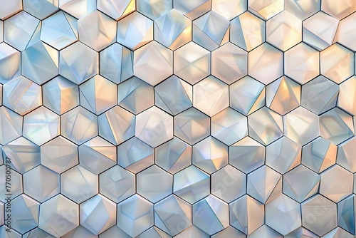 Geometric Mosaic Pattern. Design composed of geometrical shapes such as diamonds, hexagons and parallelograms. Pastel pearl colors, summer tones. Abstract technology multicolored seamless background.