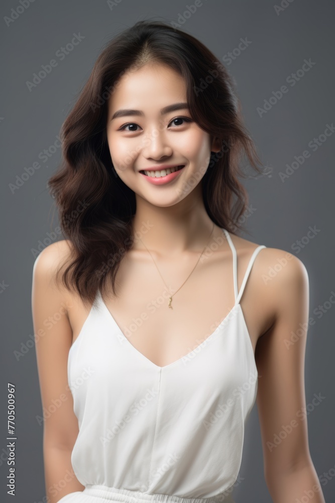 Portrait of Asian lovely woman with dark curly hair posing with kind smile, isolated over blurry background. Generative AI. Portrait of Asian lovely woman with dark curly hair posing with kind smile, isolated over blurry background. Generative AI.