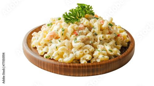 Macaroni salad on wooden plate, isolated white background image