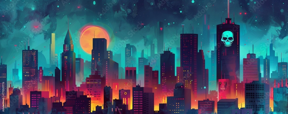 Futuristic cityscape with neon glow and skull motifs
