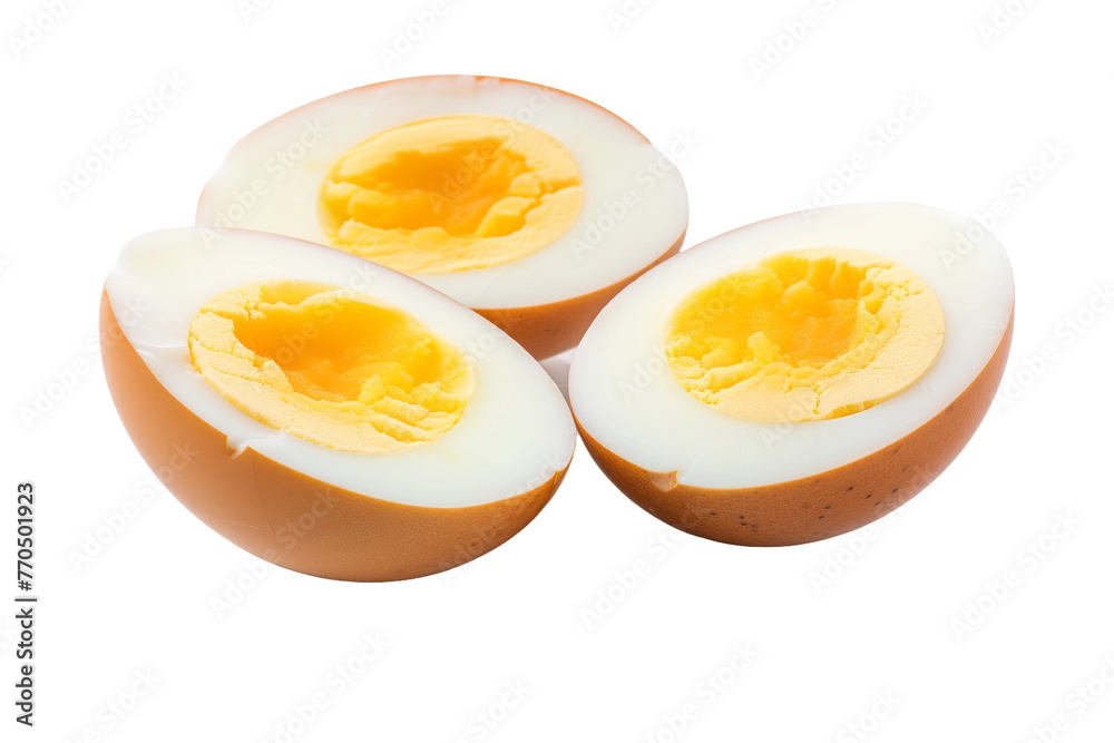 Three Hard Boiled Eggs on White Background. On a White or Clear Surface PNG Transparent Background.