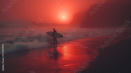 Silhouette Of surfer people carrying his surfboard on sunset beach. © hugo