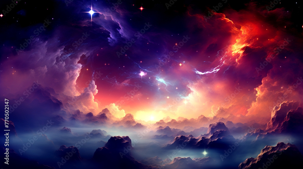 Starry Nebulae Over Mountain Silhouette, Cosmic Dawn Colors, Galaxy Art with Copy Space