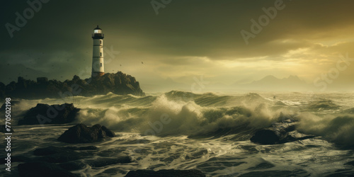Lighthouse In Stormy Landscape - Leader And Vision Concept.