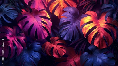 Colorful tropical leaves with dramatic lighting