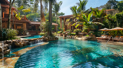 Luxurious hotel with stunning pool, surrounded by green tropical beauty