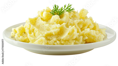 Delicious mashed potatoes on plate, isolated on white background